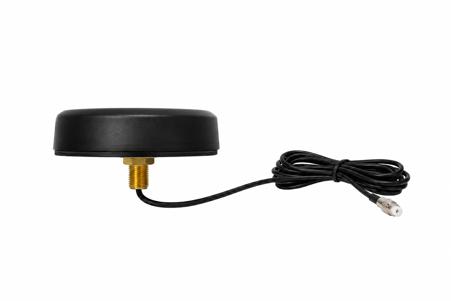 4G-Flachantenne 81 mm — schwarze runde Antenne mit Schraubsockel und konfektioniertem Kabel mit FME-Stecker, Ø 81 mm