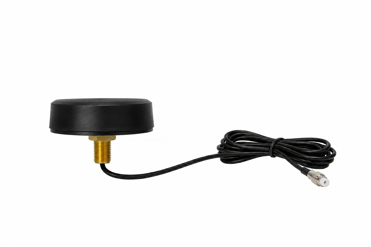 4G-Schraubantenne 46 mm — schwarze runde Antenne mit Schraubsockel und konfektioniertem Kabel mit FME-Anschluss