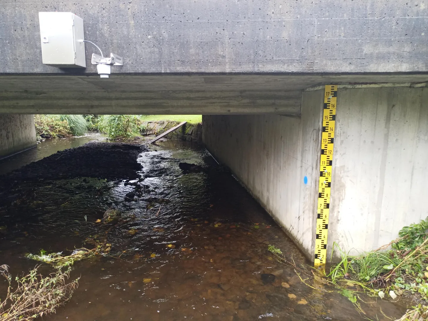 Pegellatte und Messsensor an einer Brücke über einen Bach.