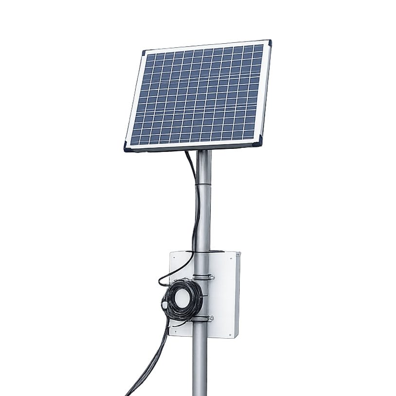 Klimastation Komplett-Setup: Solarpanel auf Mast, IP66-Schaltschrank mit Aquatos Web LTX und TriOs Nico Multiparameter-Sonde.
