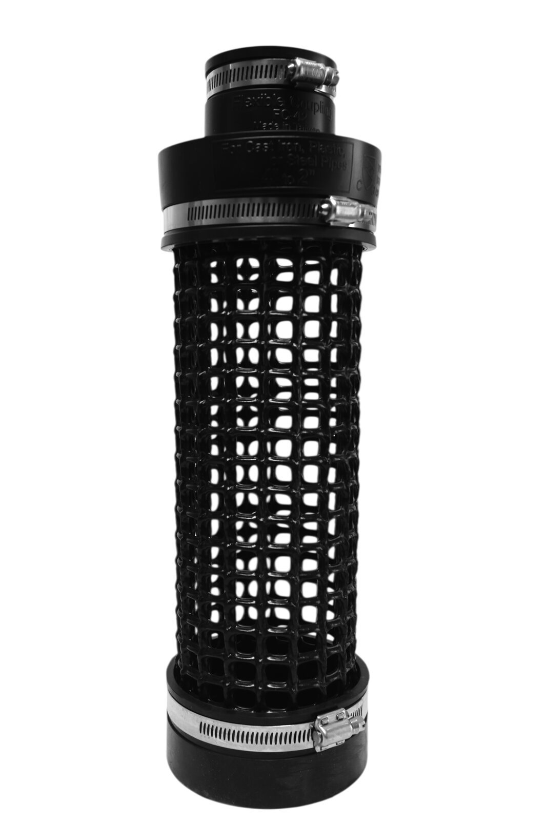 Schutzkäfig aus Polyethylen mit Edelstahl-Schellen für Sensoren im Wasser. Kompakte Bauform für 2