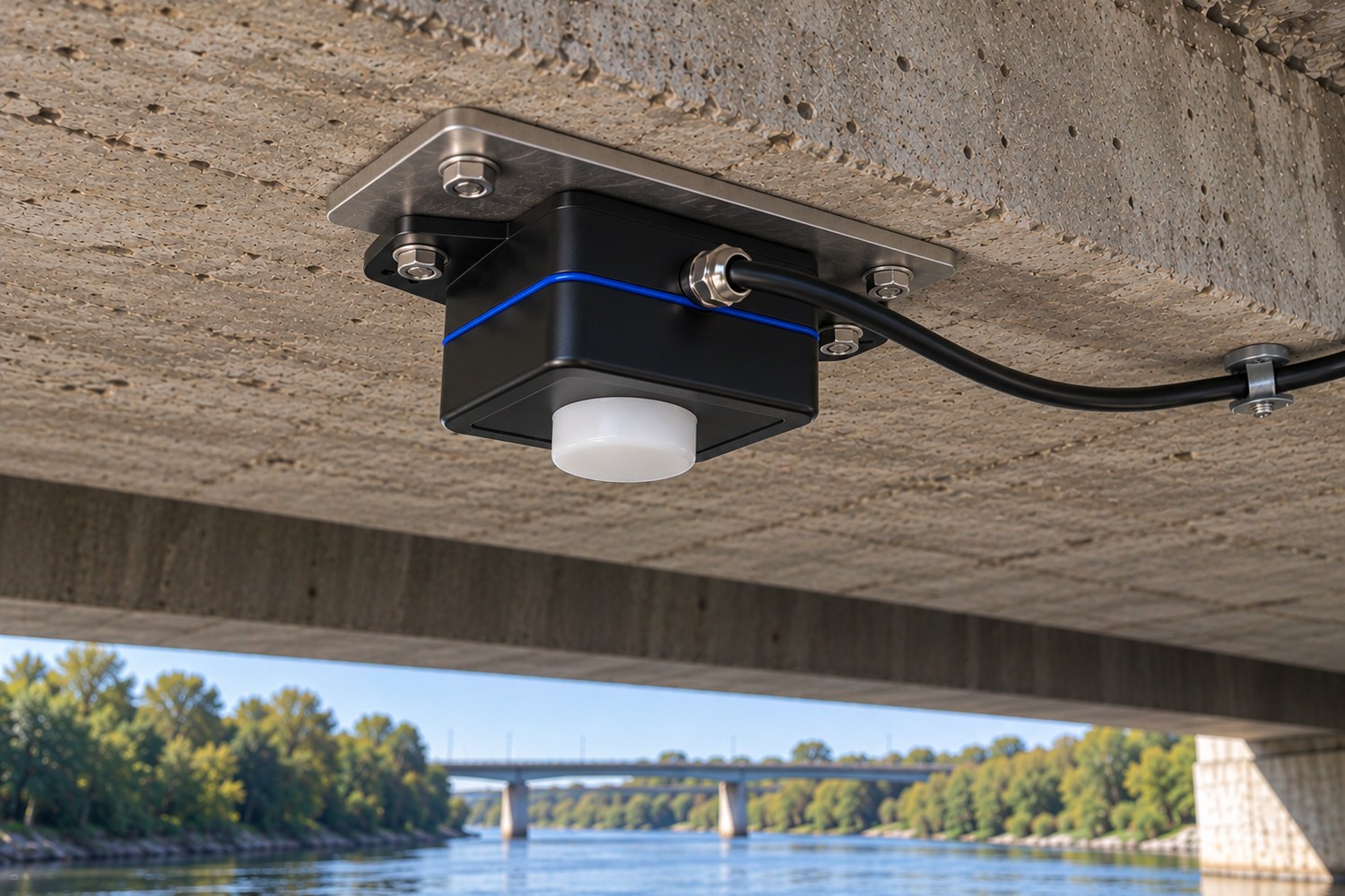 Aquatos Radar Type 0470 onder een brug: contactloze waterstandmeting met 60-GHz-radar, tot drie echo's, SDI-12-verbinding met de Aquatos Web LTX. Geschikt voor rivieren, retentiebekkens en tanks.