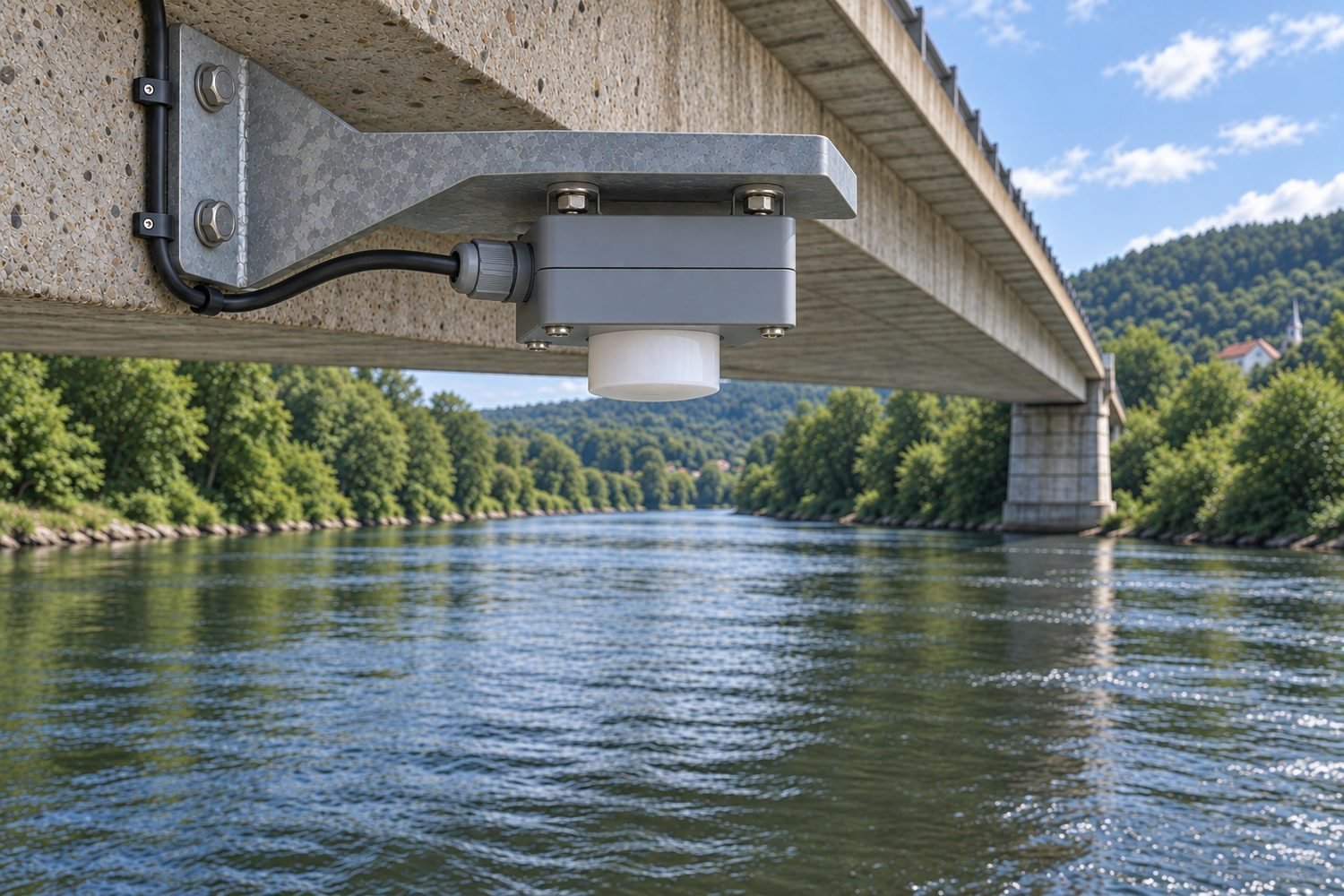 Illustratives Montagebeispiel: Aquatos Radar unter einer Brücke, zur Wasseroberfläche ausgerichtet