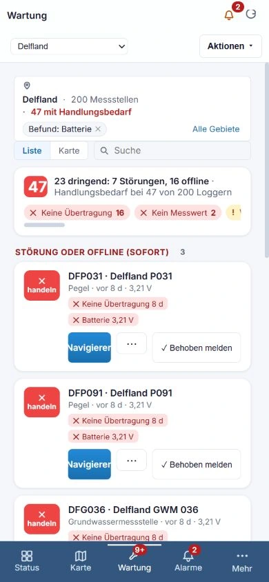 Wartung auf dem Smartphone · simuliertes Messnetz